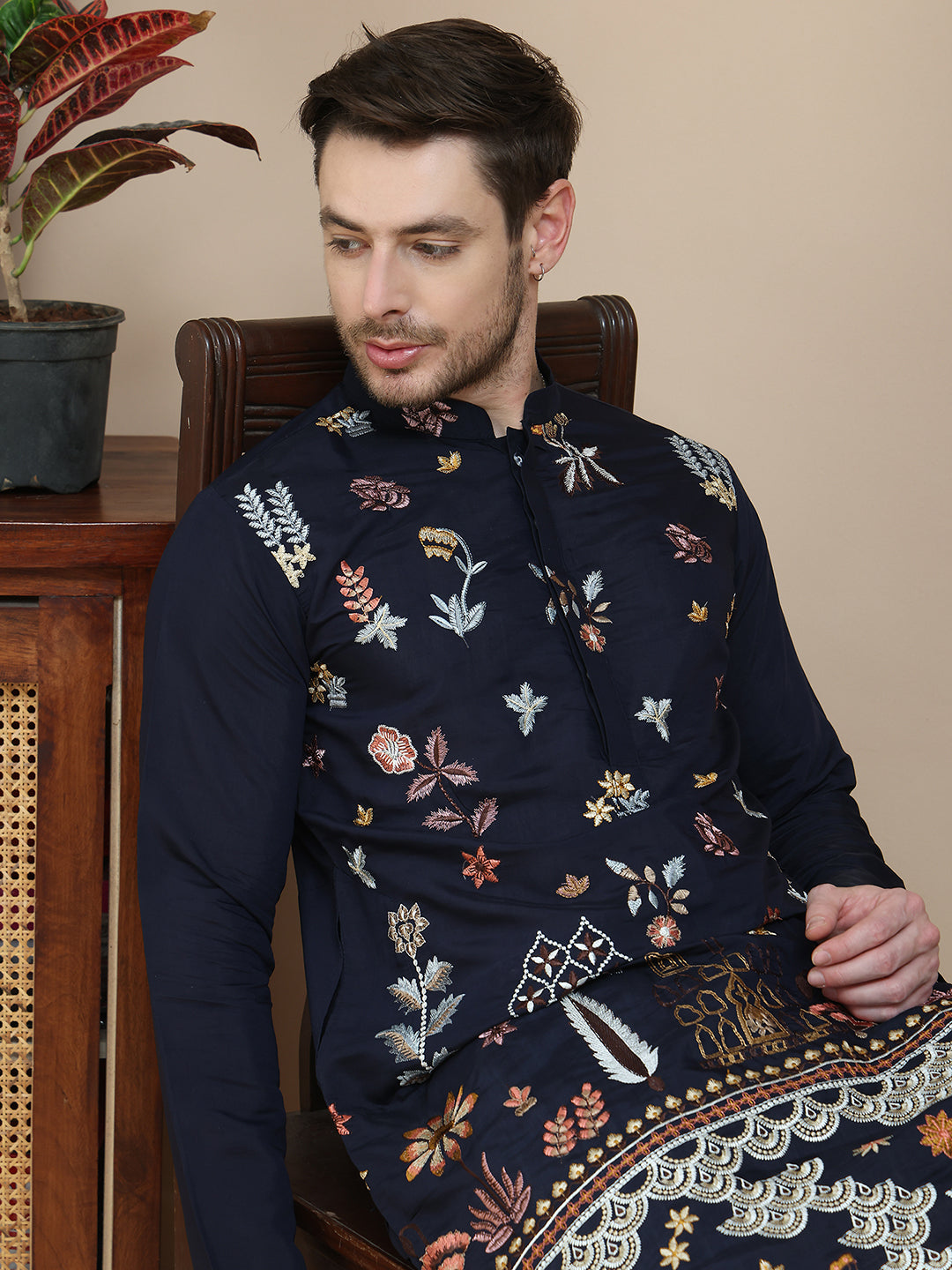 DesiQlo Men Embroidered Kurta Pyjama Set - Blue - JOKP_P_5140Navy_S