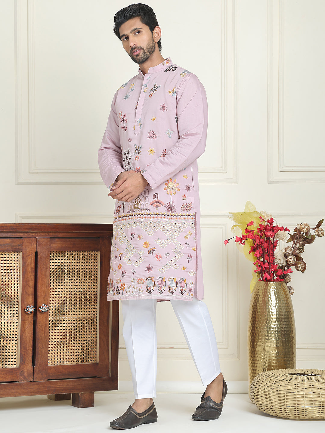 DesiQlo Men Embroidered Kurta Pyjama Set - Purple - JOK - JOKP_P_5140P