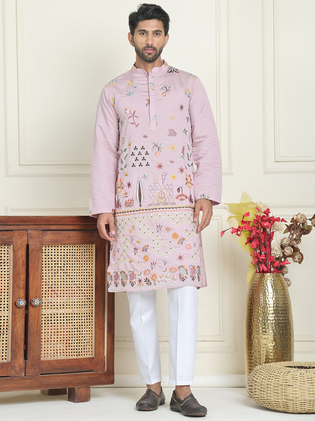 DesiQlo Men Embroidered Kurta Pyjama Set - Purple - JOK - JOKP_P_5140P