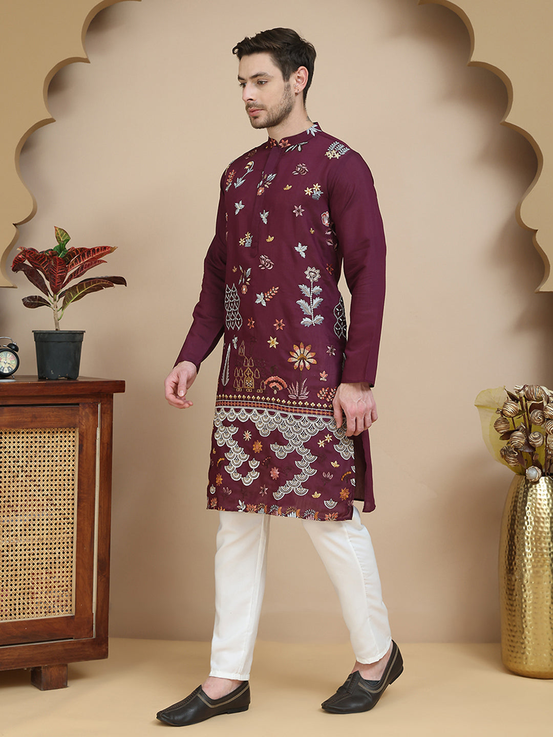 DesiQlo Men Embroidered Kurta Pyjama Set - Maroon - JOKP_P_5140Wine_S