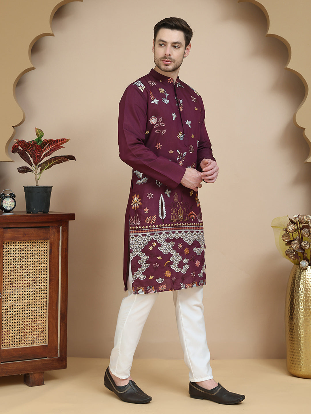 DesiQlo Men Embroidered Kurta Pyjama Set - Maroon - JOKP_P_5140Wine_S