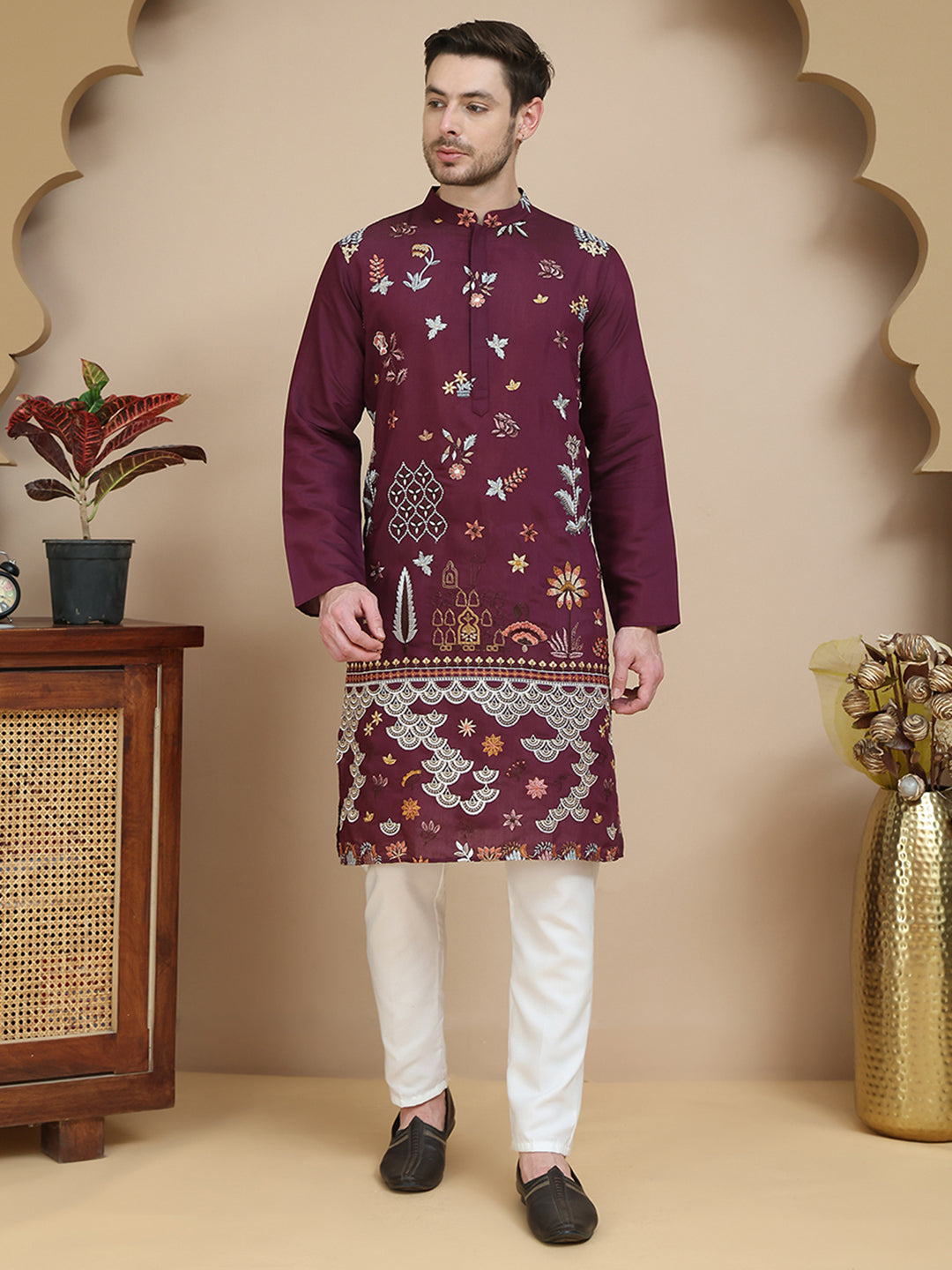 DesiQlo Men Embroidered Kurta Pyjama Set - Maroon - JOKP_P_5140Wine_S