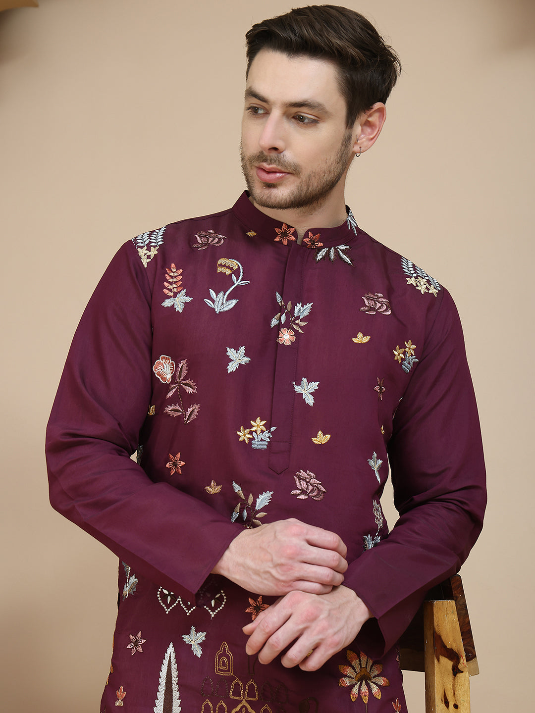 DesiQlo Men Embroidered Kurta Pyjama Set - Maroon - JOKP_P_5140Wine_S
