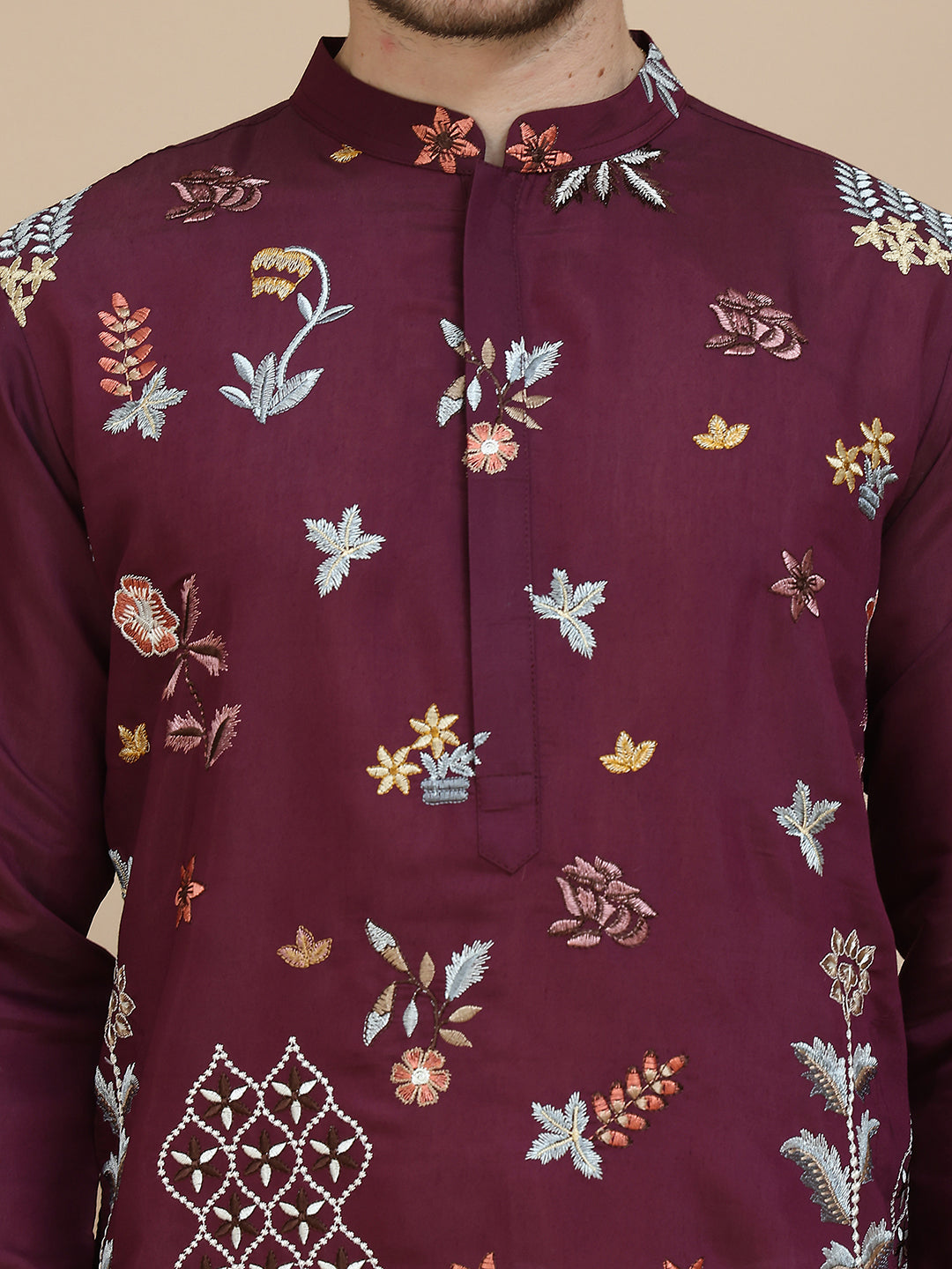 DesiQlo Men Embroidered Kurta Pyjama Set - Maroon - JOKP_P_5140Wine_S