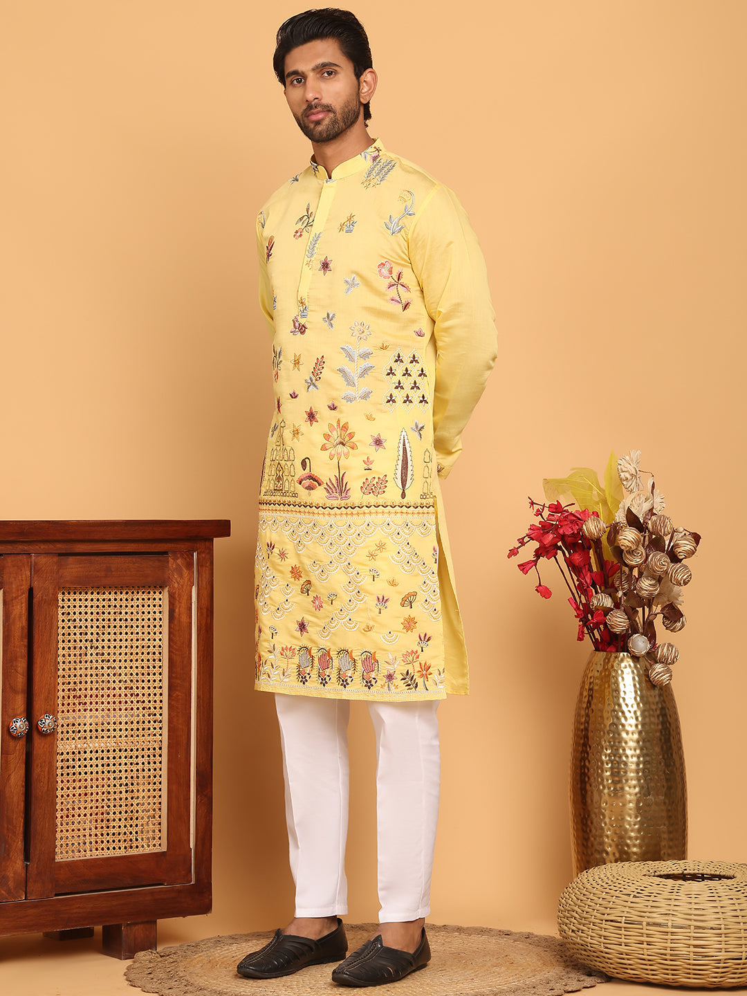 DesiQlo Men Embroidered Kurta Pyjama Set - Yellow - JOKP_P_5140Yellow_