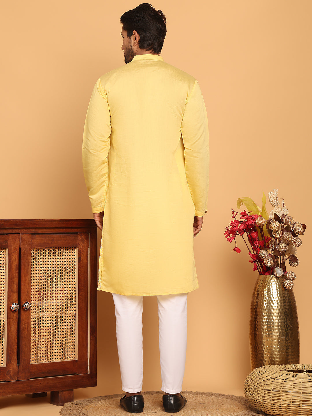 DesiQlo Men Embroidered Kurta Pyjama Set - Yellow - JOKP_P_5140Yellow_