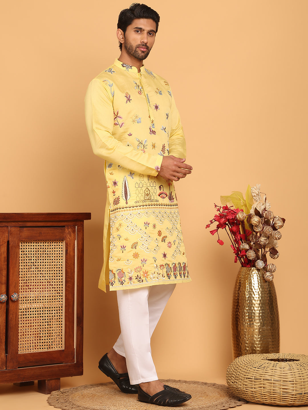 DesiQlo Men Embroidered Kurta Pyjama Set - Yellow - JOKP_P_5140Yellow_