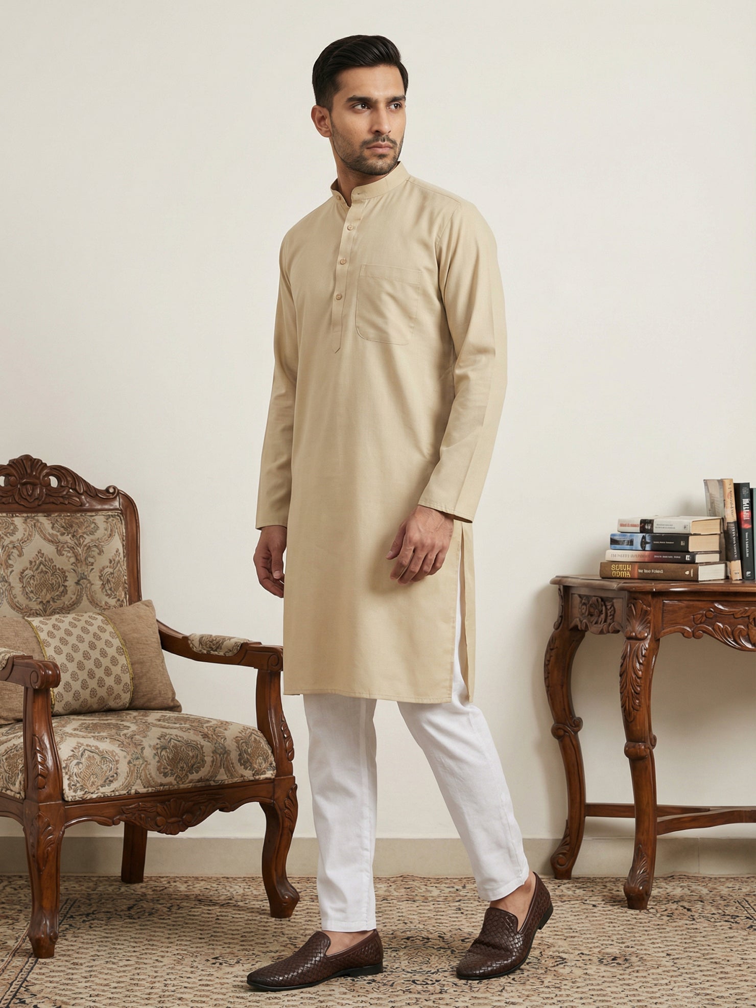 DesiQlo Men Solid Kurta Pyjama Set - Beige - JOKP_5144Beige_S