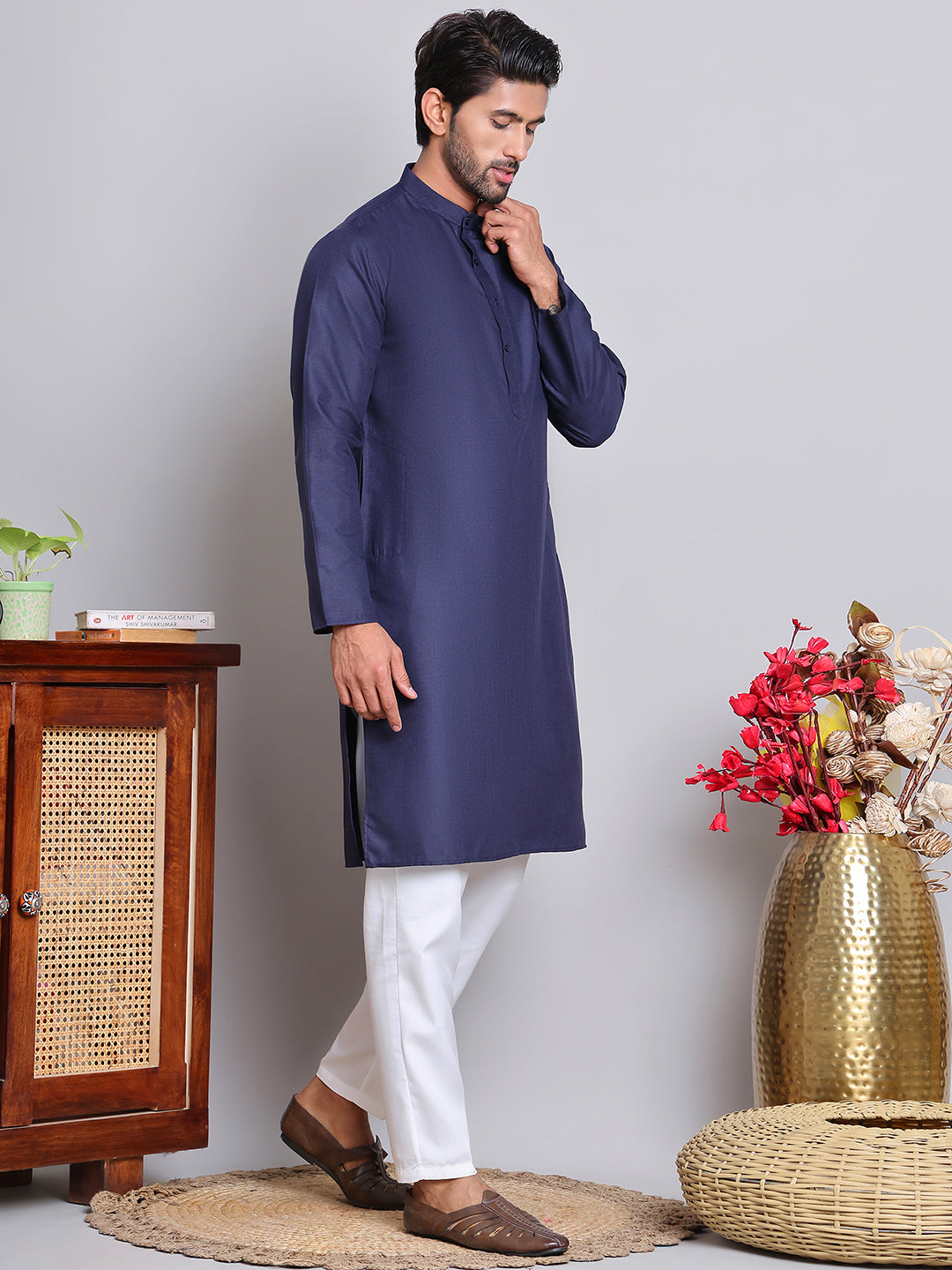 DesiQlo Men Solid Kurta Pyjama Set - Blue - JOKP_5144Navy_S