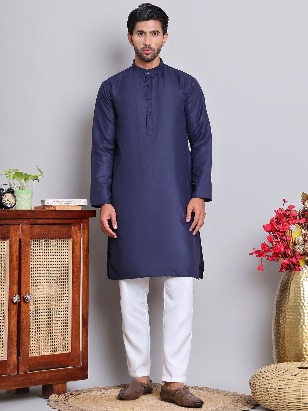 DesiQlo Men Solid Kurta Pyjama Set - Blue - JOKP_5144Navy_S