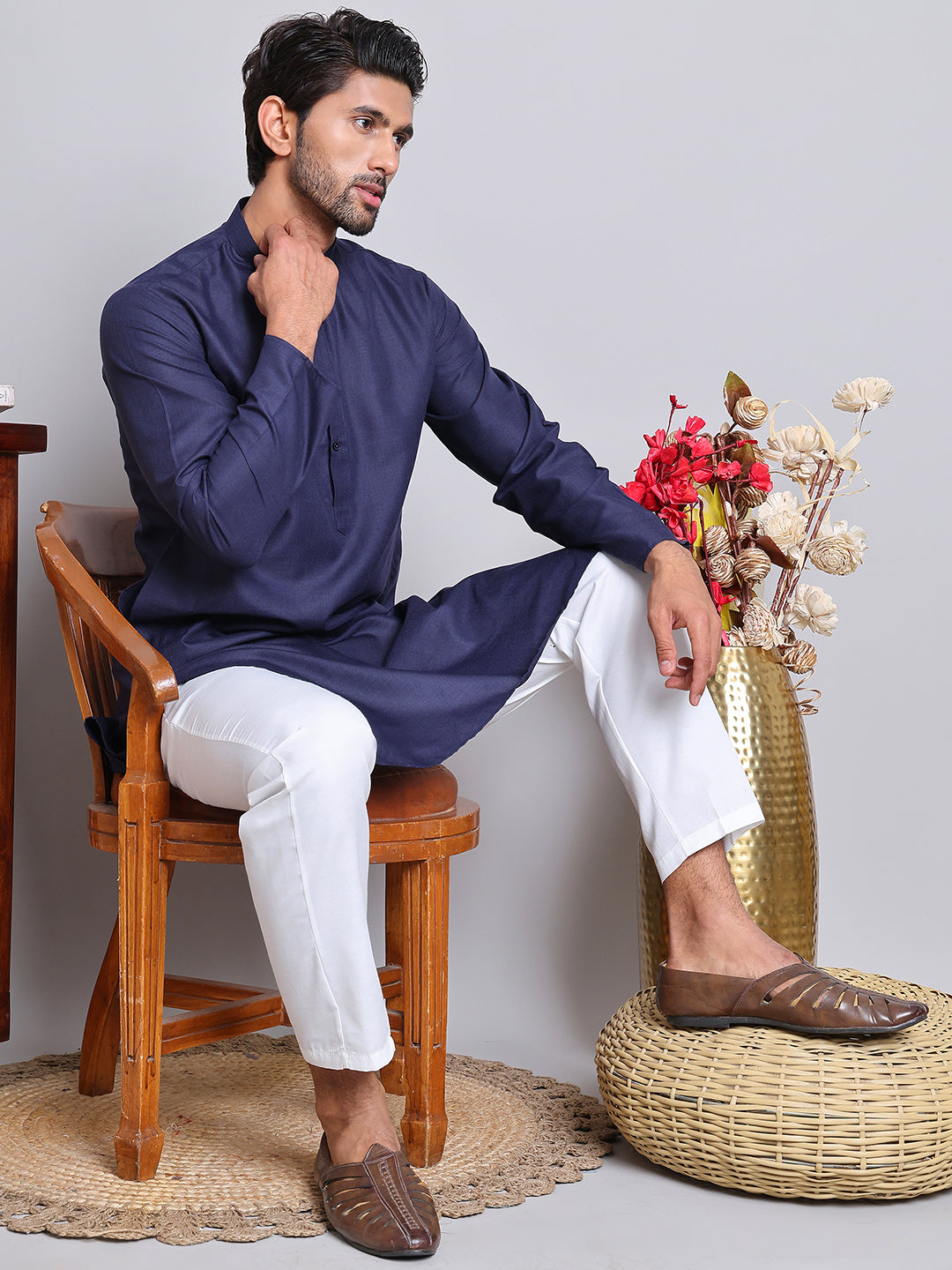 DesiQlo Men Solid Kurta Pyjama Set - Blue - JOKP_5144Navy_S