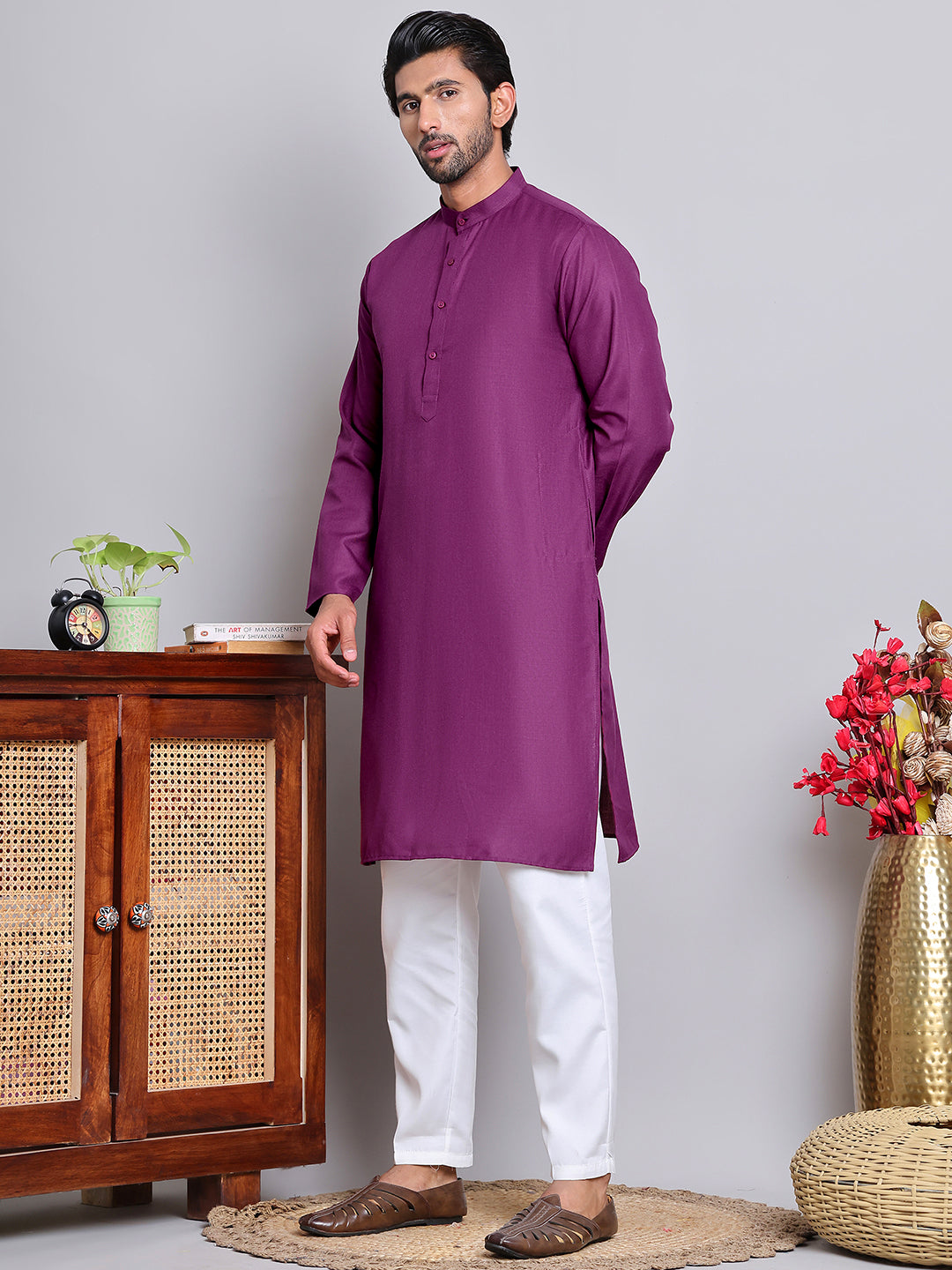 DesiQlo Men Pure Cotton Kurta Pyjama Set - Purple