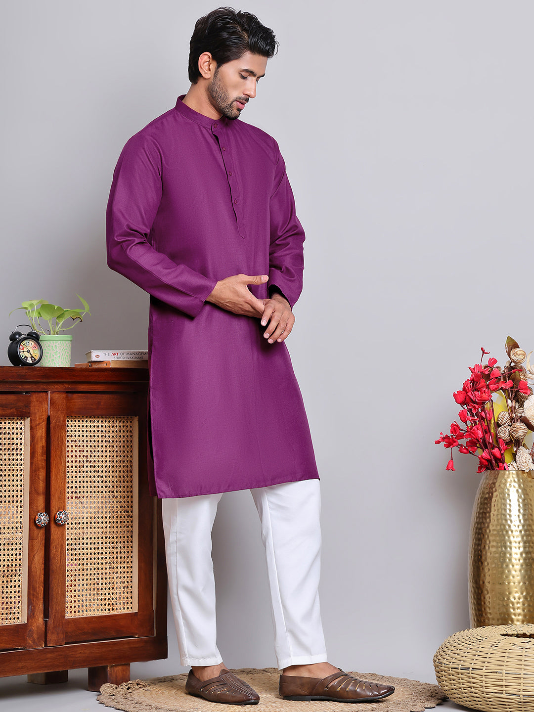 DesiQlo Men Pure Cotton Kurta Pyjama Set - Purple