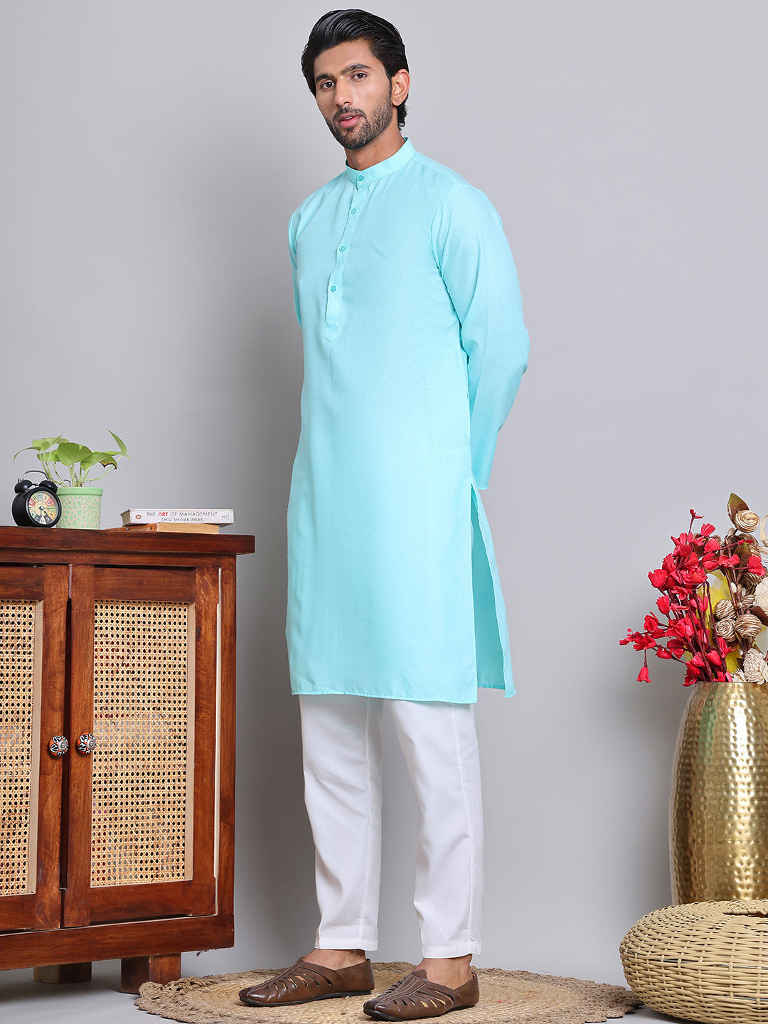 DesiQlo Men Solid Kurta Pyjama Set - Blue - JOKP_5144Sky_S