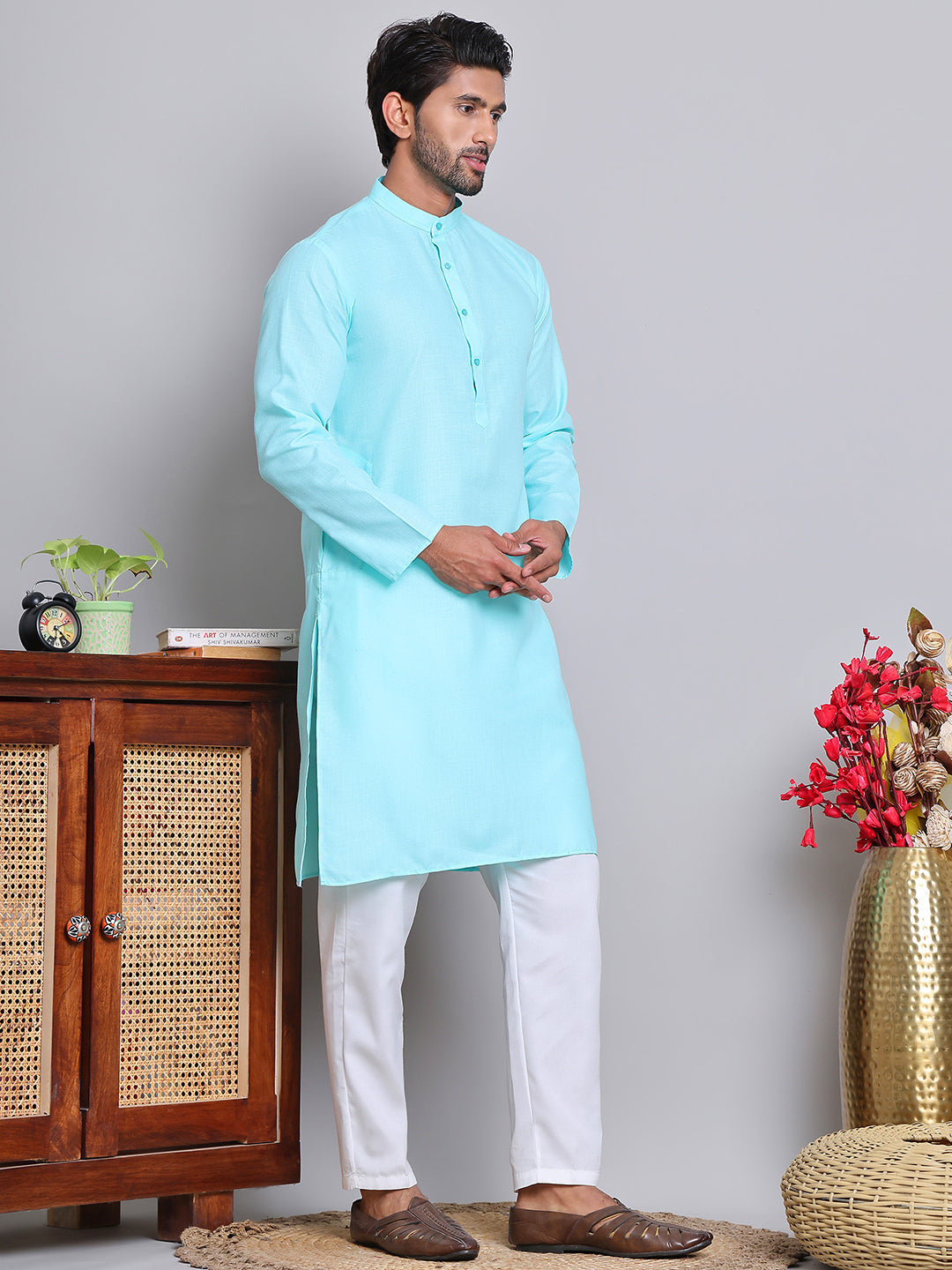 DesiQlo Men Solid Kurta Pyjama Set - Blue - JOKP_5144Sky_S