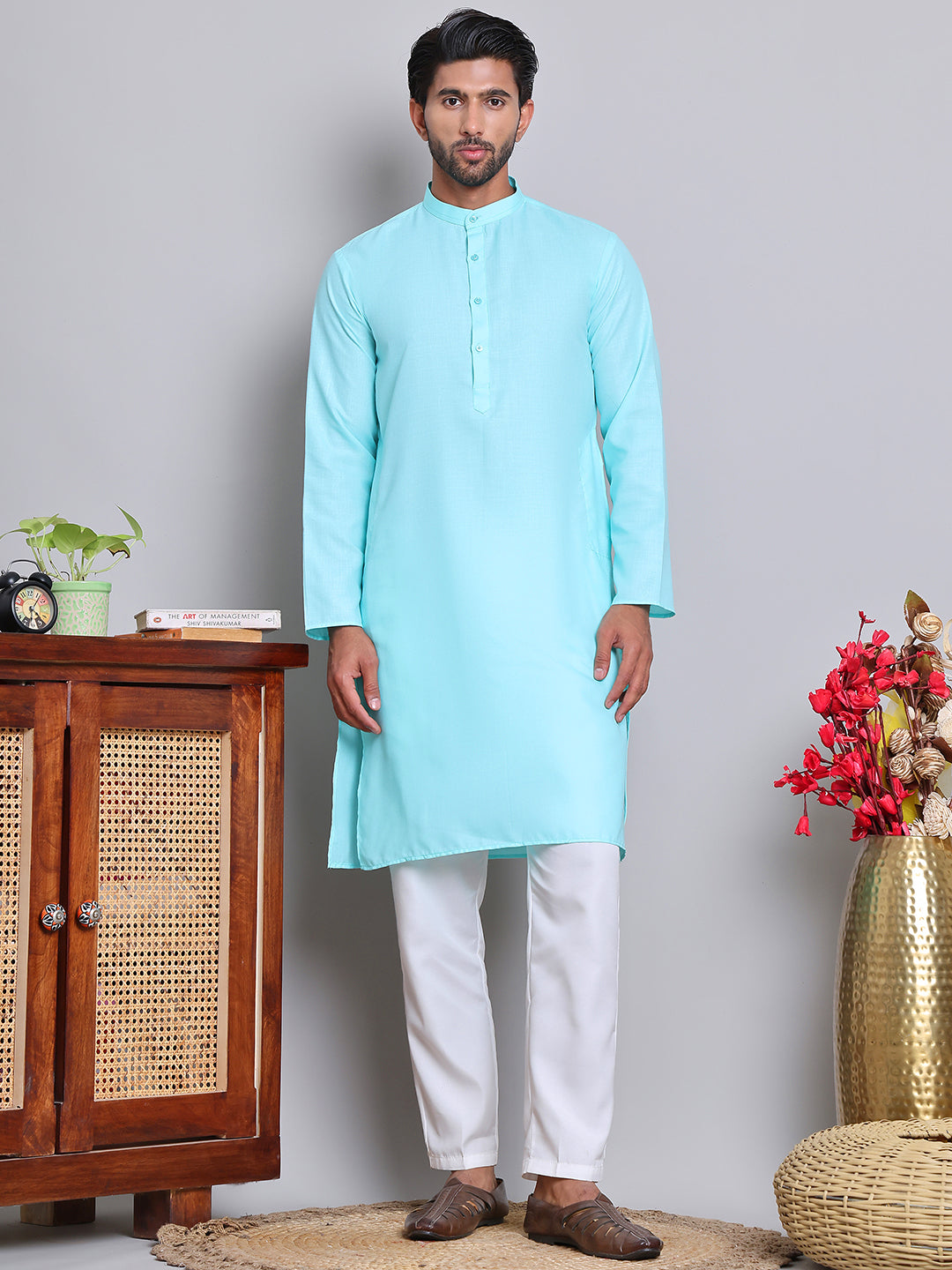 DesiQlo Men Solid Kurta Pyjama Set - Blue - JOKP_5144Sky_S