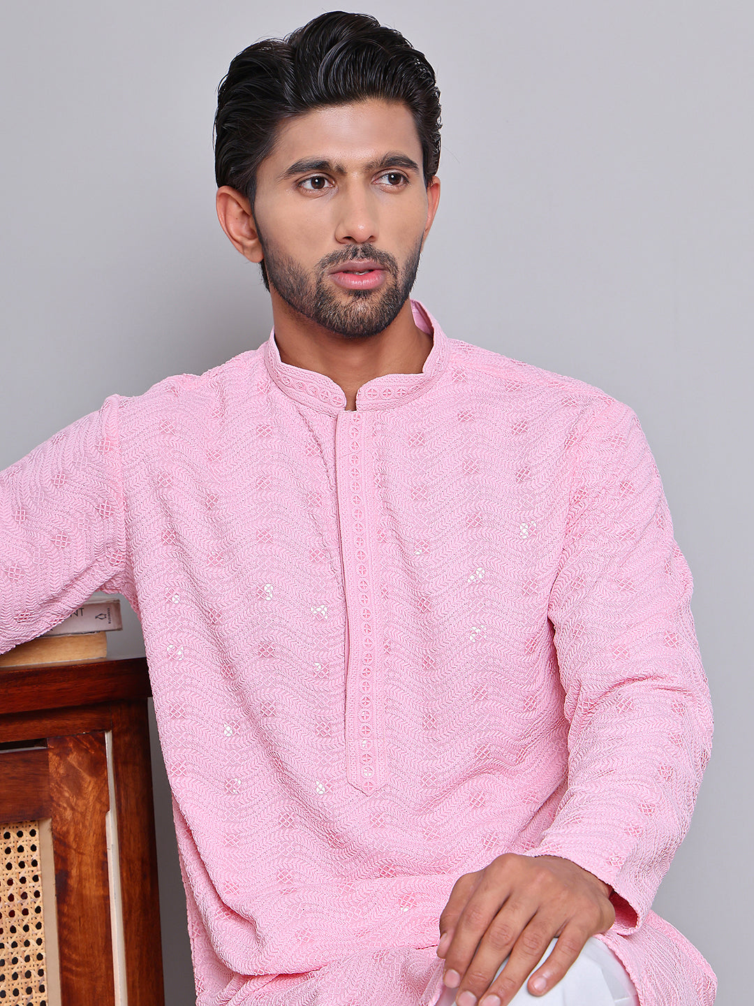 DesiQlo Men Embroidered Kurta Pyjama Set - Pink - JOKP_5145Pink_S