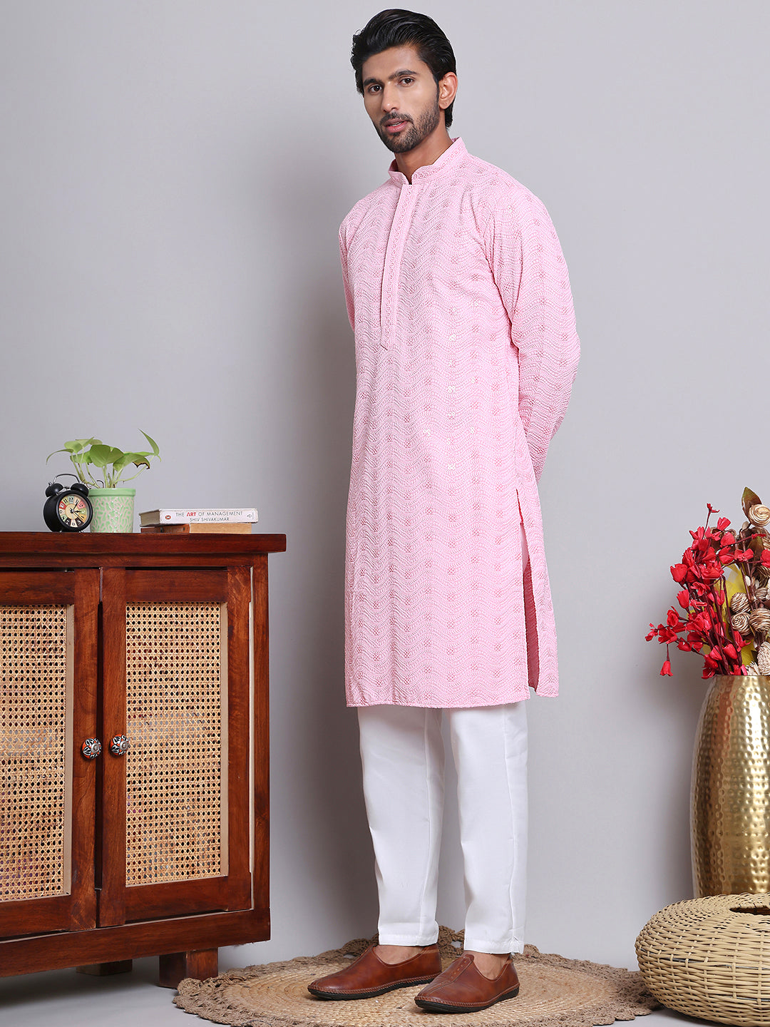 DesiQlo Men Embroidered Kurta Pyjama Set - Pink - JOKP_5145Pink_S