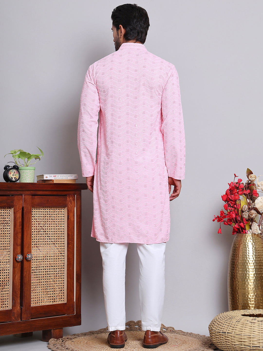 DesiQlo Men Embroidered Kurta Pyjama Set - Pink - JOKP_5145Pink_S