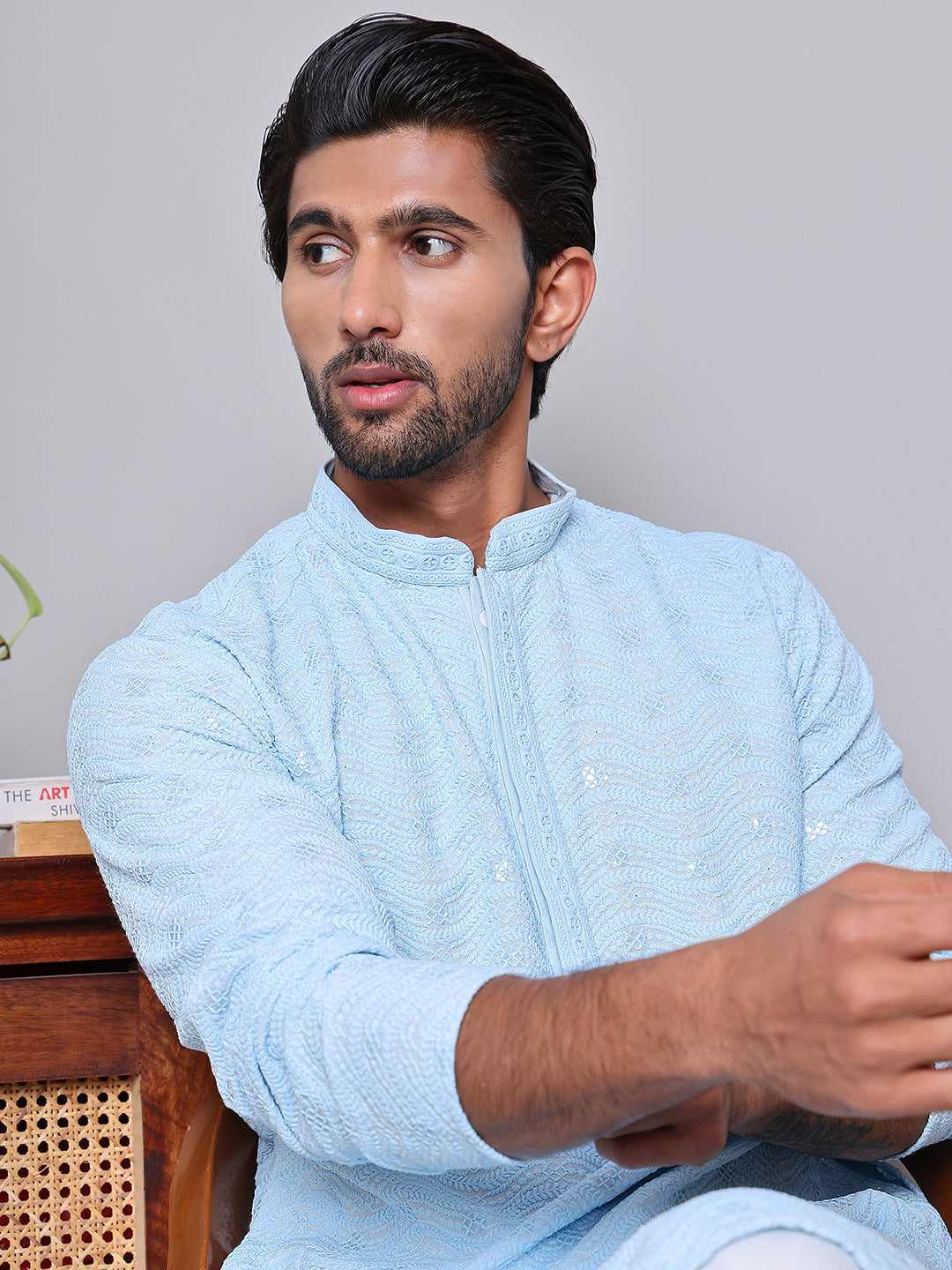 Men's Embroidered and Sequence Kurta Pyjama Sets ( JOKP 5145Sky )