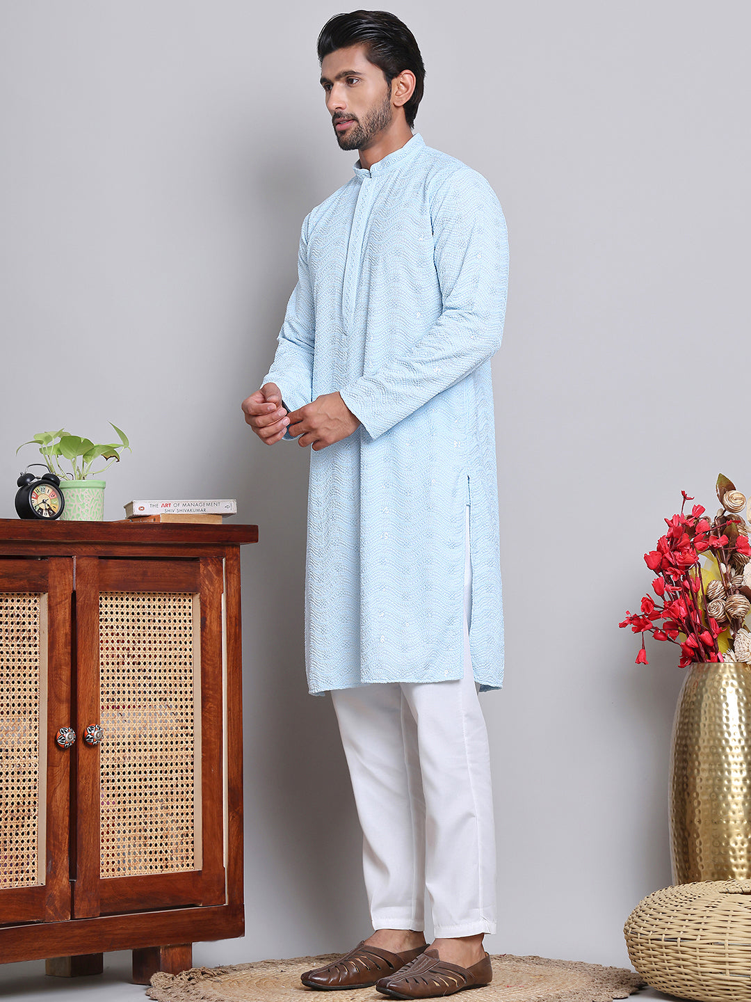 DesiQlo Men Embroidered Kurta Pyjama Set - Blue - JOKP_5145Sky_S