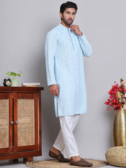 Men's Embroidered and Sequence Kurta Pyjama Sets ( JOKP 5145Sky )