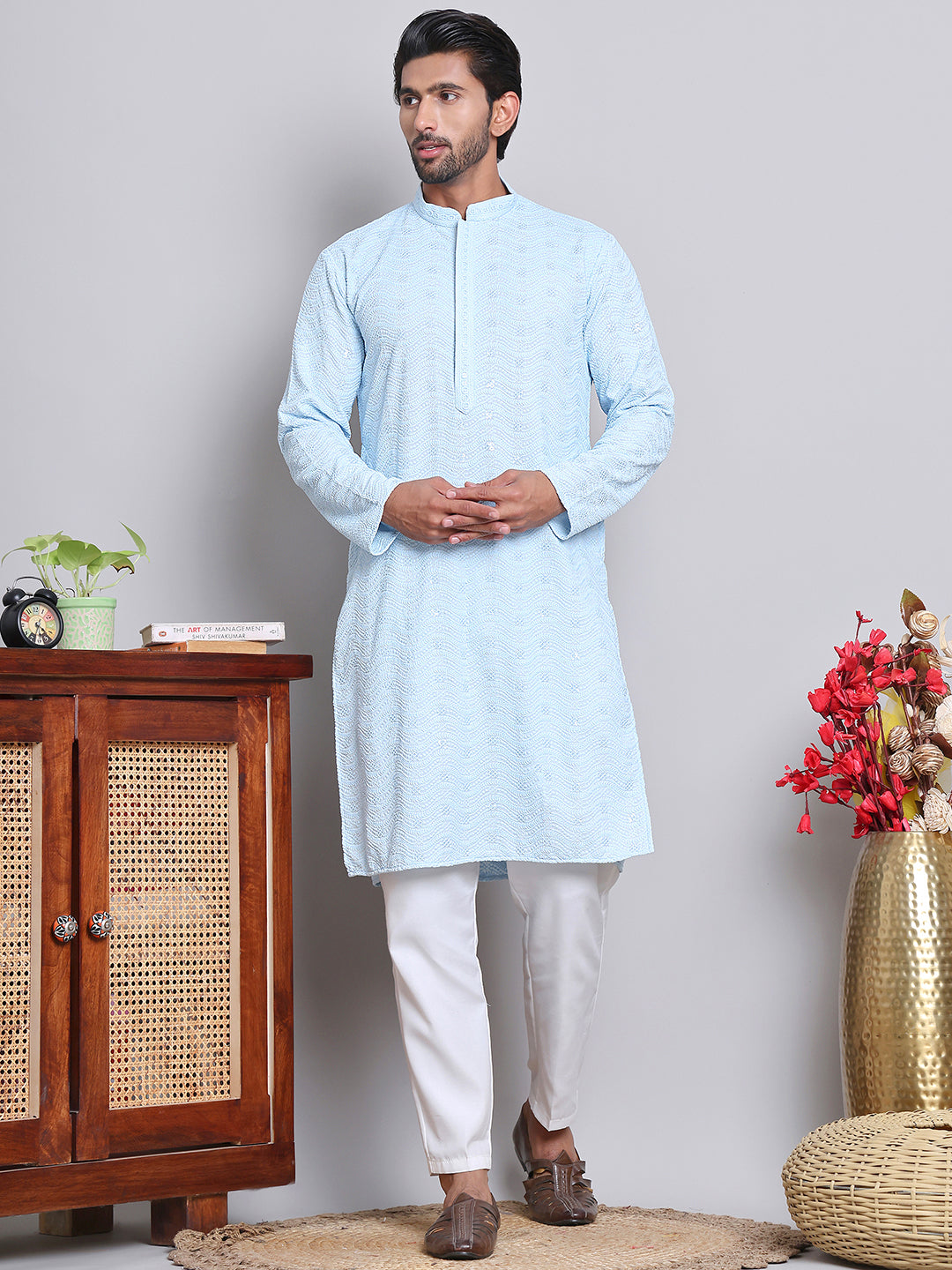 DesiQlo Men Embroidered Kurta Pyjama Set - Blue - JOKP_5145Sky_S