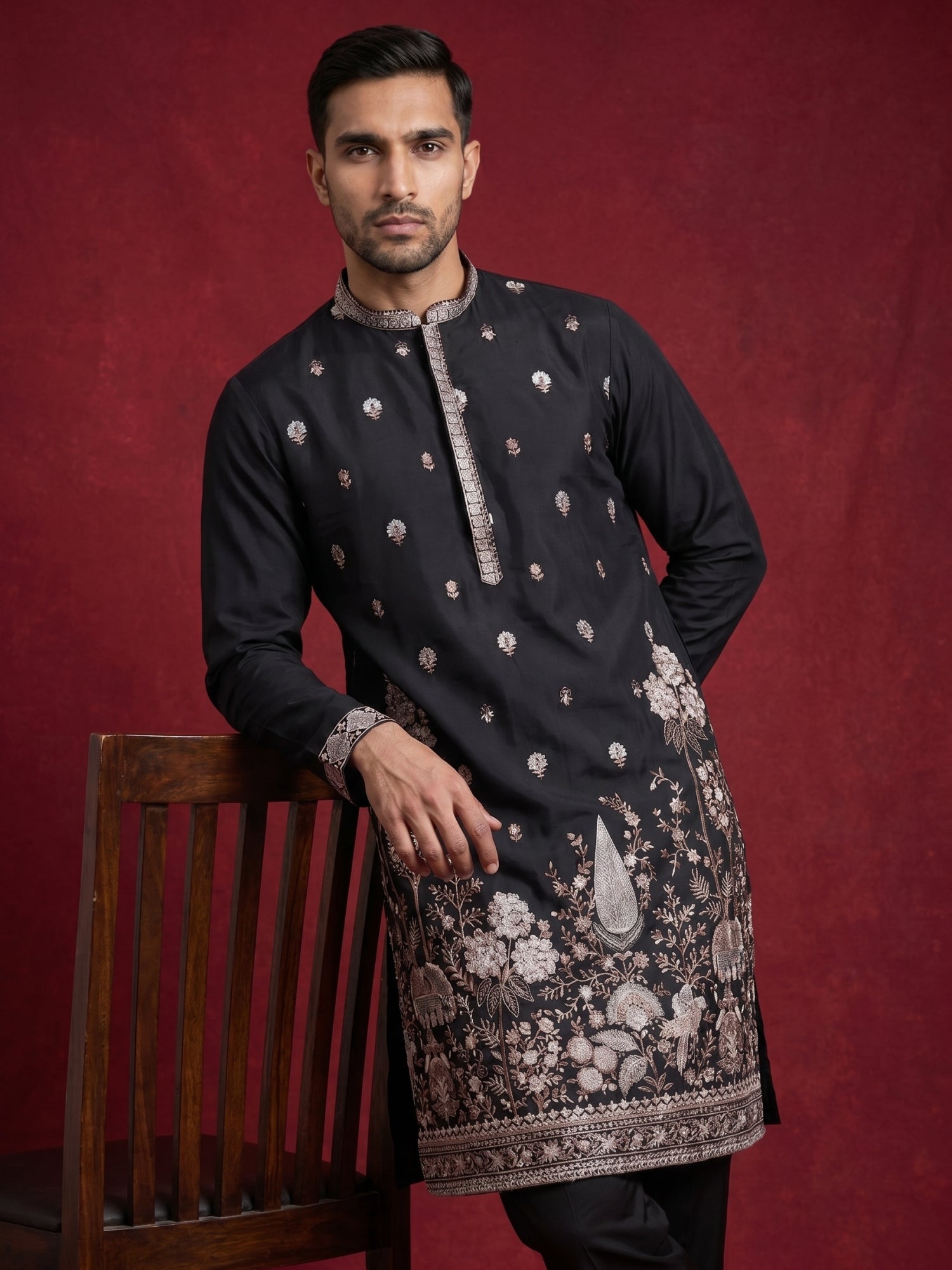 DesiQlo Men Embroidered Kurta Pyjama Set - Black - JOKP_B-P_5147Black_