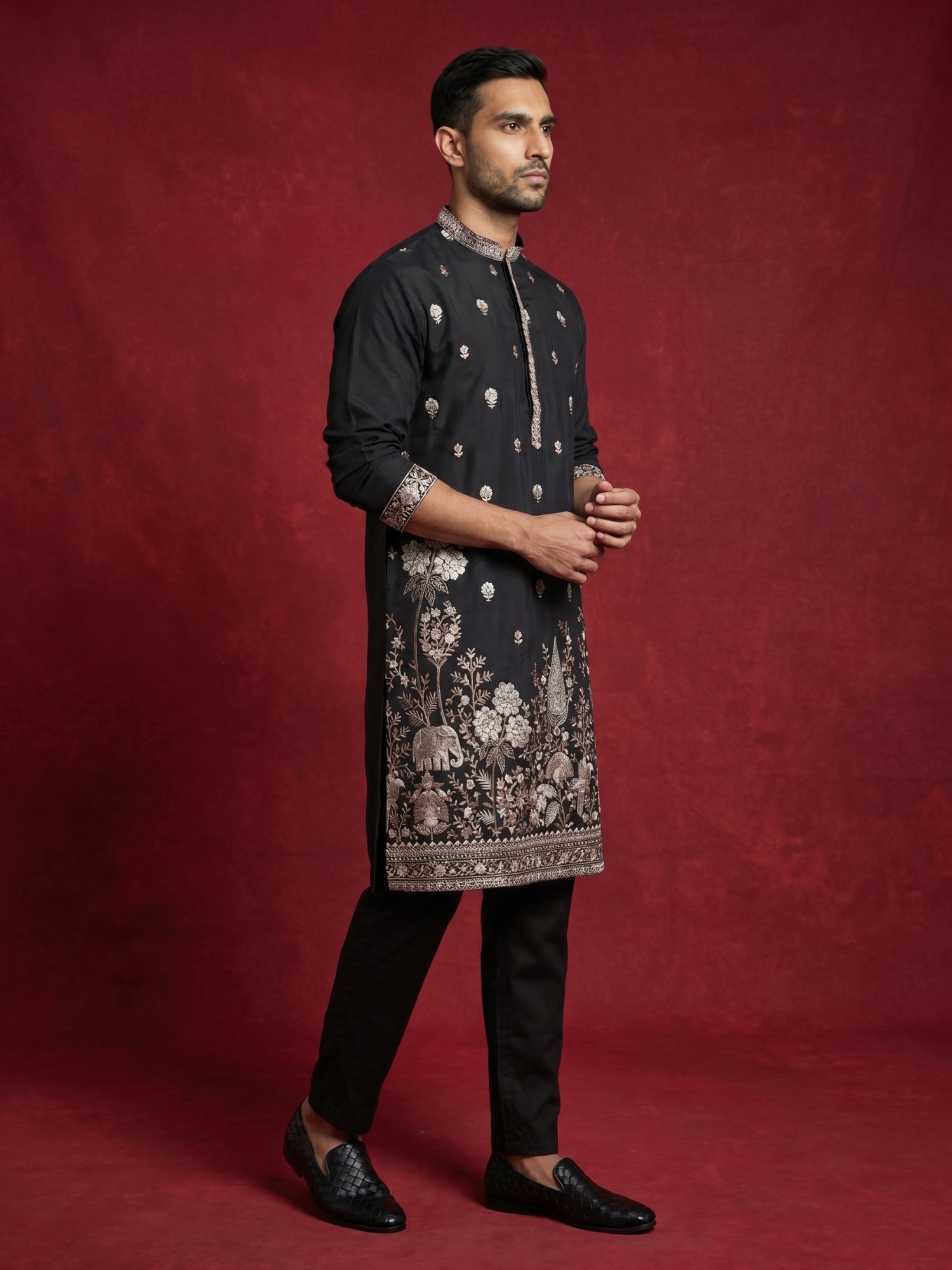 DesiQlo Men Embroidered Kurta Pyjama Set - Black - JOKP_B-P_5147Black_