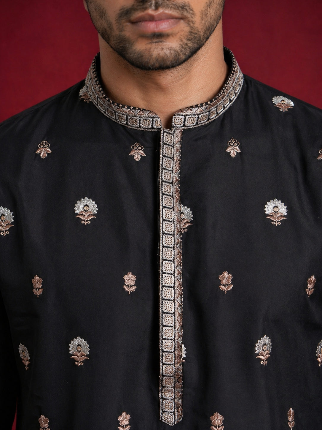 DesiQlo Men Embroidered Kurta Pyjama Set - Black - JOKP_B-P_5147Black_