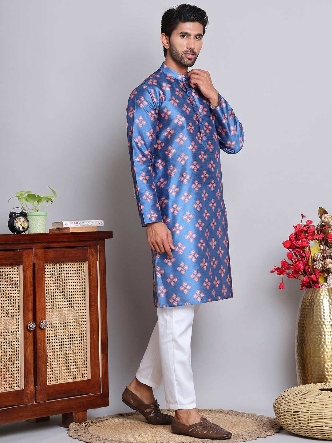 DesiQlo Men Printed Kurta Pyjama Set - Multicolor - JOKP_5148Peacock_S