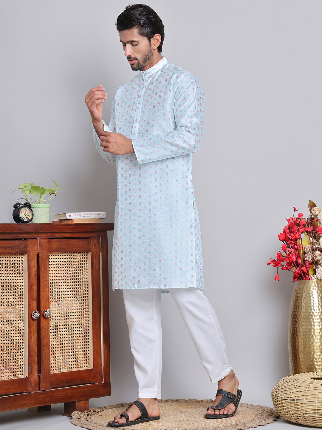 DesiQlo Men Printed Kurta Pyjama Set - Blue - JOKP_5148Sky_S
