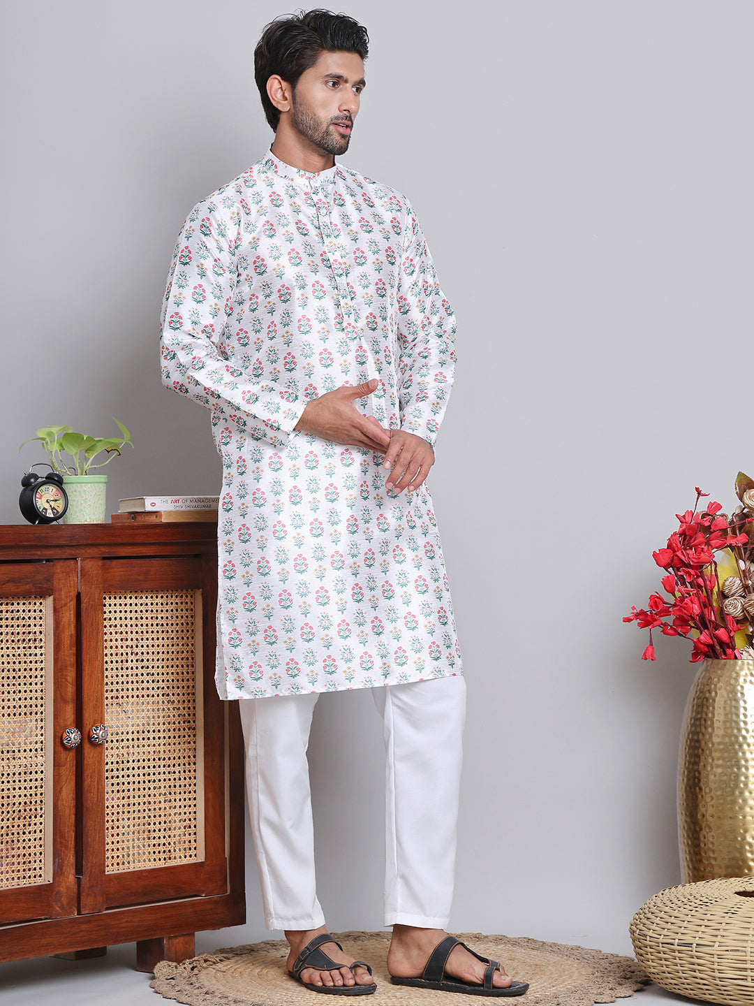 DesiQlo Men Printed Kurta Pyjama Set - White - JOKP_5148White_S