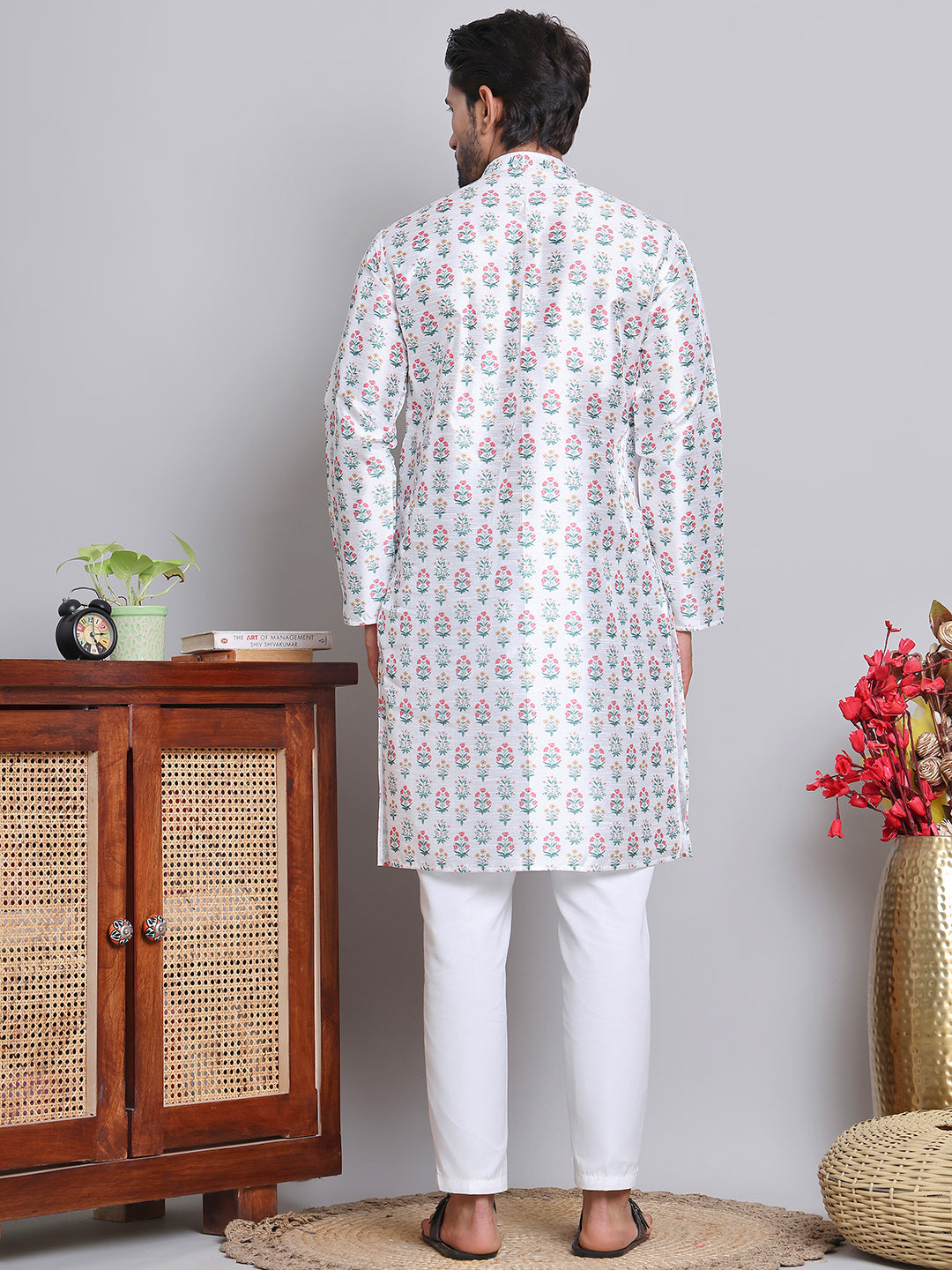 DesiQlo Men Printed Kurta Pyjama Set - White - JOKP_5148White_S