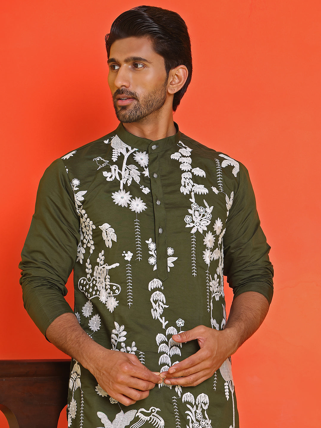 Embroidered Straight Kurta Pyjama Set ( JOKP P 5150 Olive ) [FF] [J-3-4]