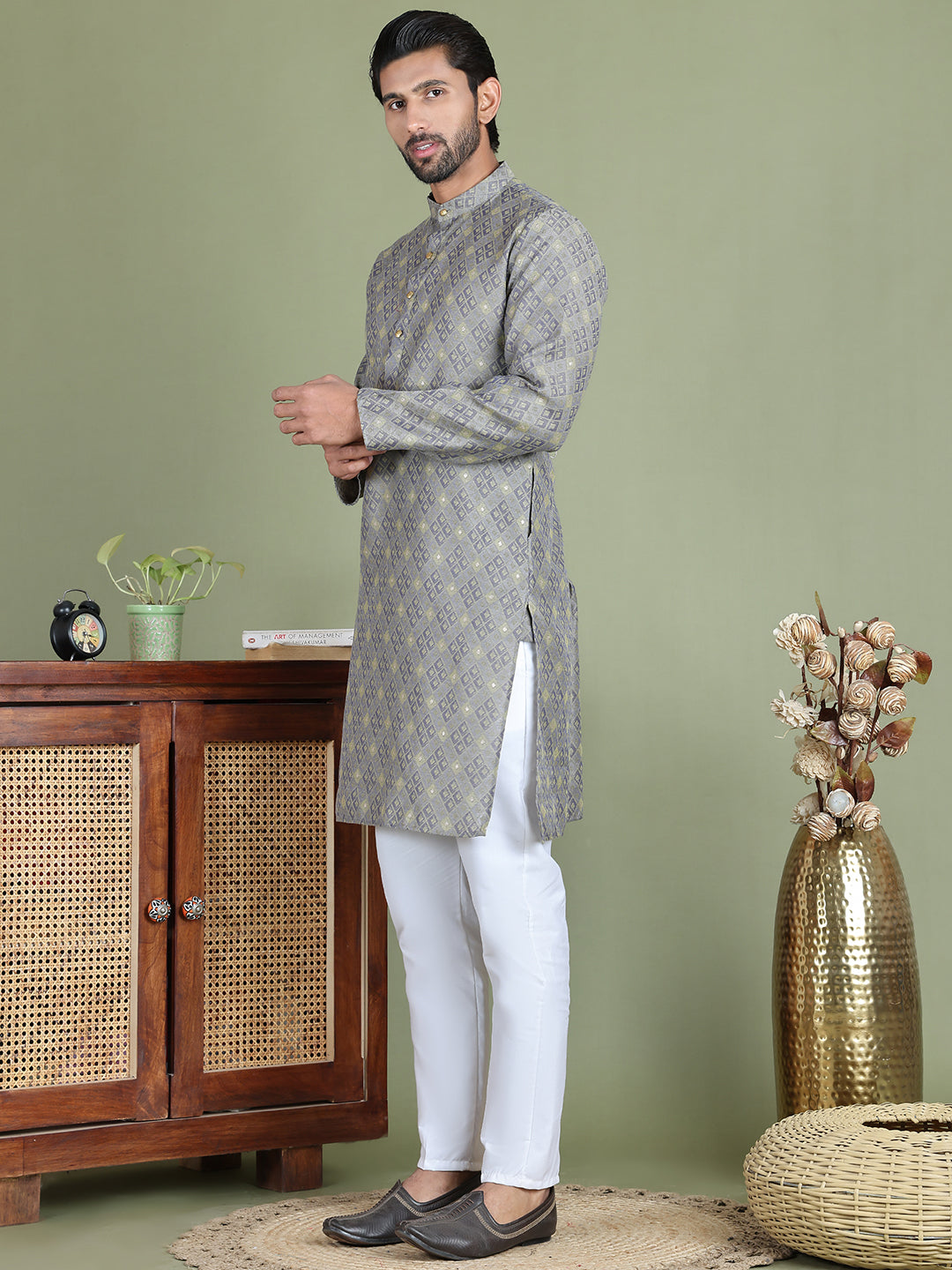 DesiQlo Men Woven Design Kurta Pyjama Set - Grey - JOKP_5153Grey_S