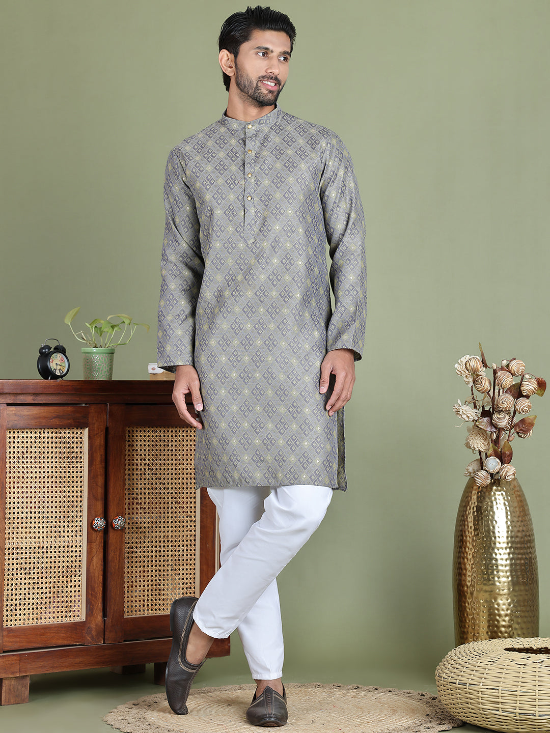 DesiQlo Men Woven Design Kurta Pyjama Set - Grey - JOKP_5153Grey_S