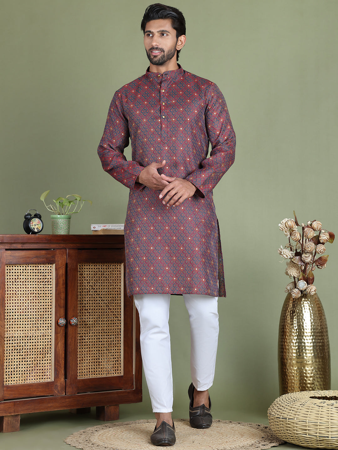 DesiQlo Men Woven Design Kurta Pyjama Set - Maroon - JOKP_5153Maroon_S
