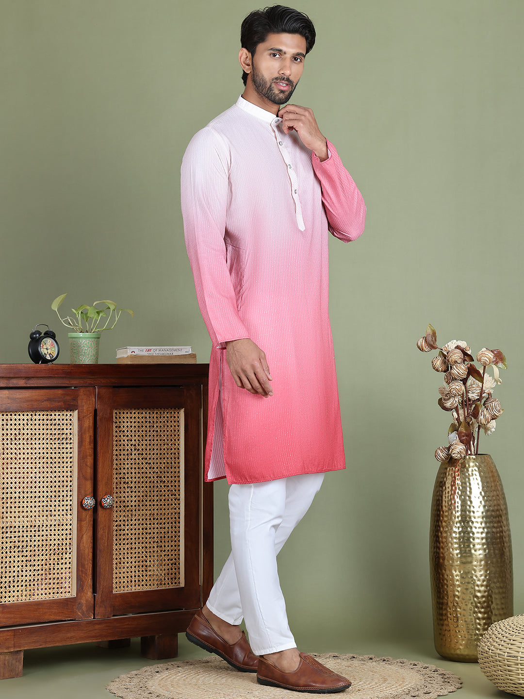 DesiQlo Men Printed Kurta Pyjama Set - Orange - JOKP_5154Coral_S