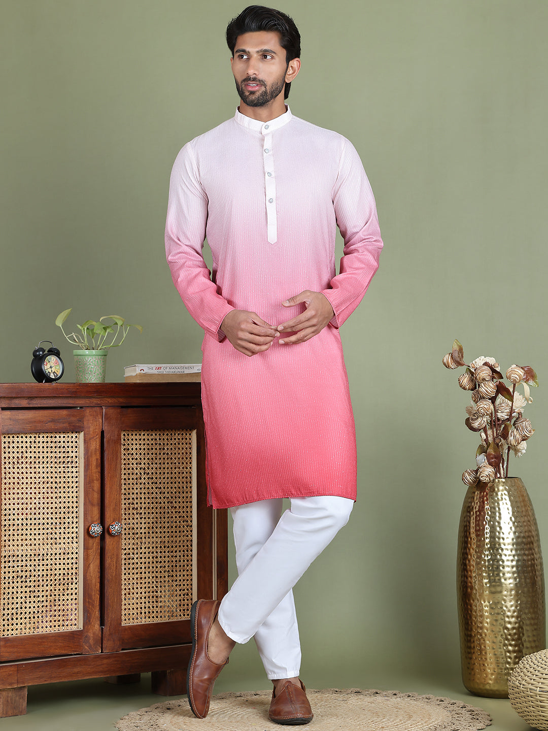 DesiQlo Men Printed Kurta Pyjama Set - Orange - JOKP_5154Coral_S