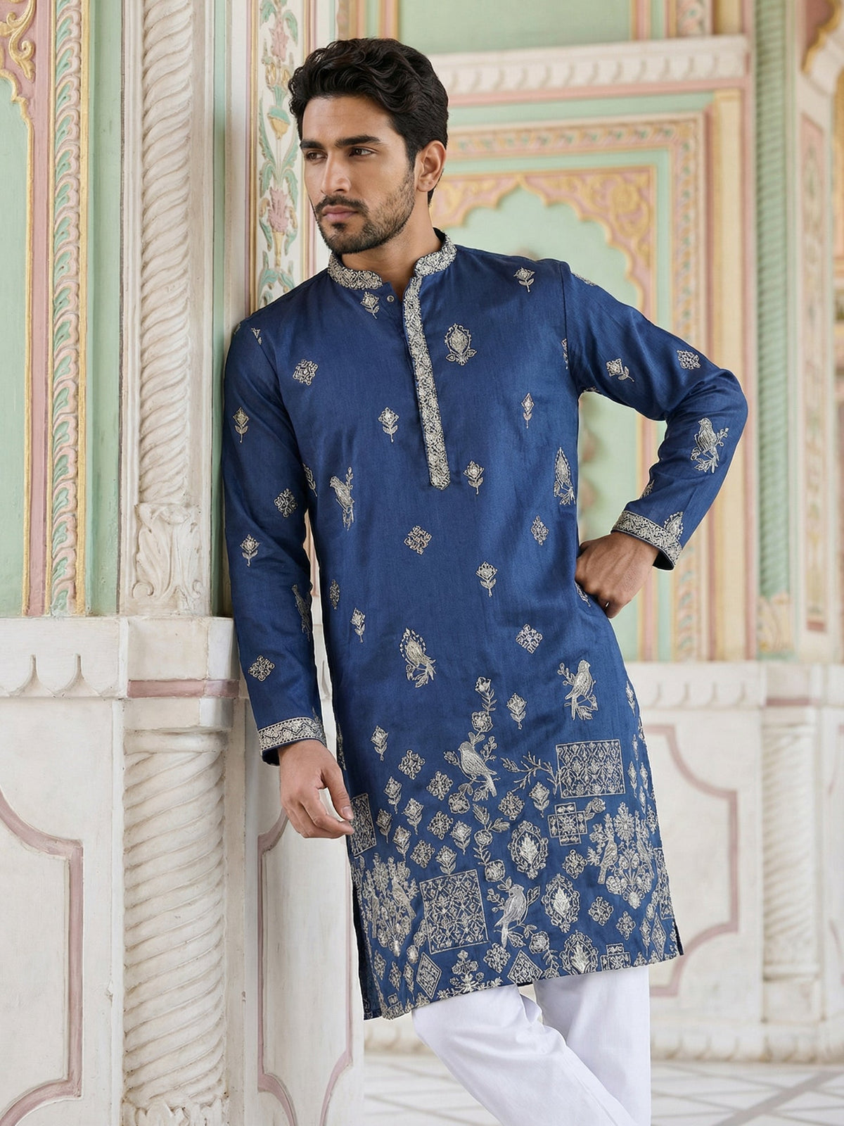Floral Embroidered and Sequins Kurta Set ( JOKP P 5155Navy ) [FF] [P-5-6]