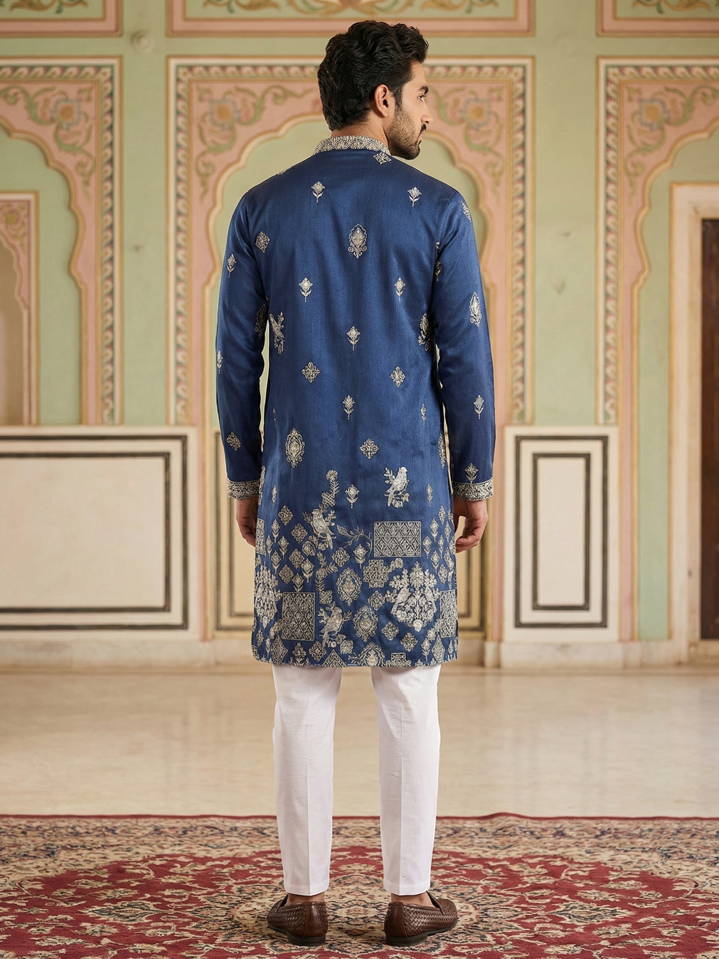 DesiQlo Men Embroidered Kurta Pyjama Set - Blue - JOKP_P_5155Navy_S
