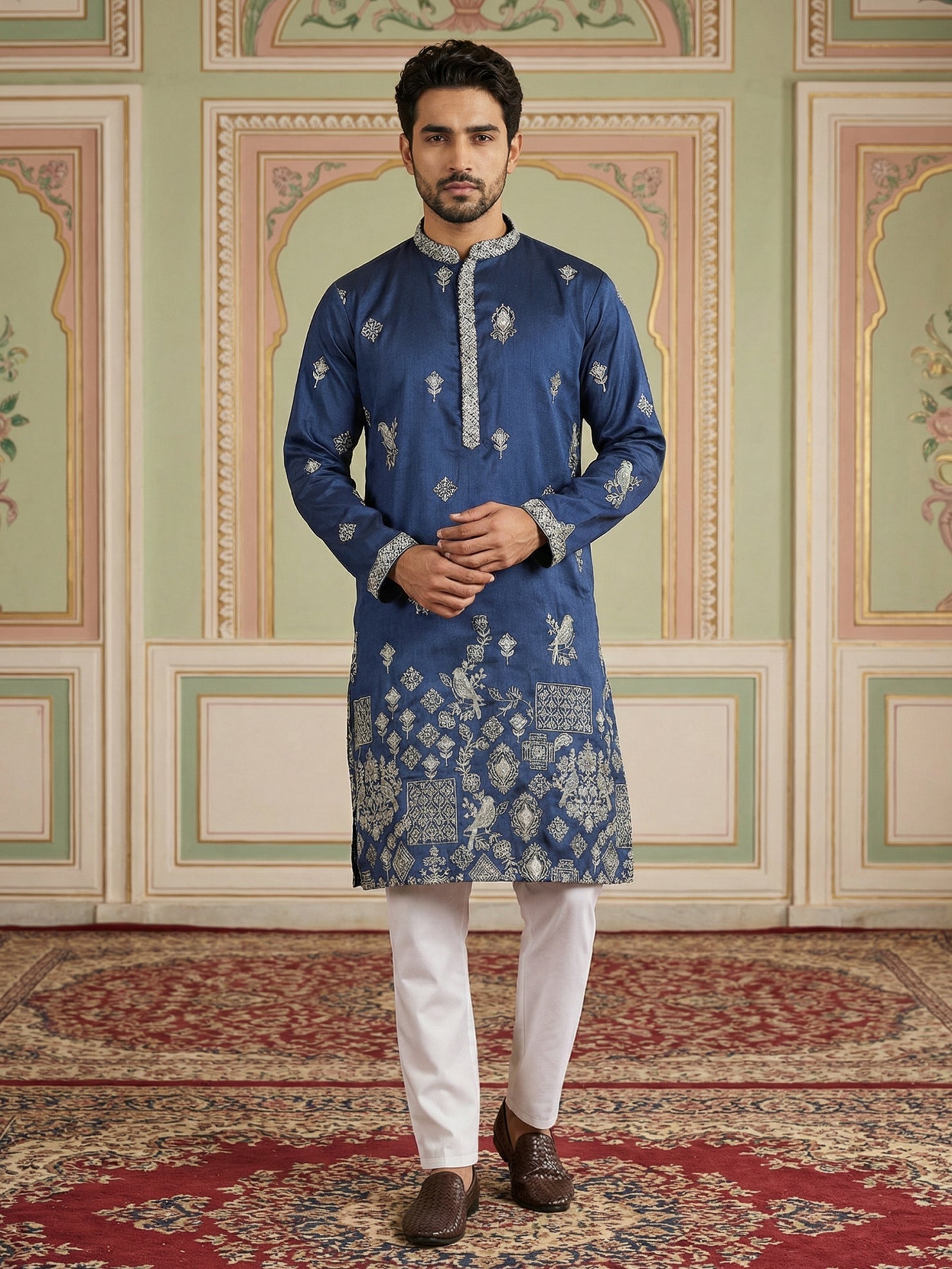 DesiQlo Men Embroidered Kurta Pyjama Set - Blue - JOKP_P_5155Navy_S