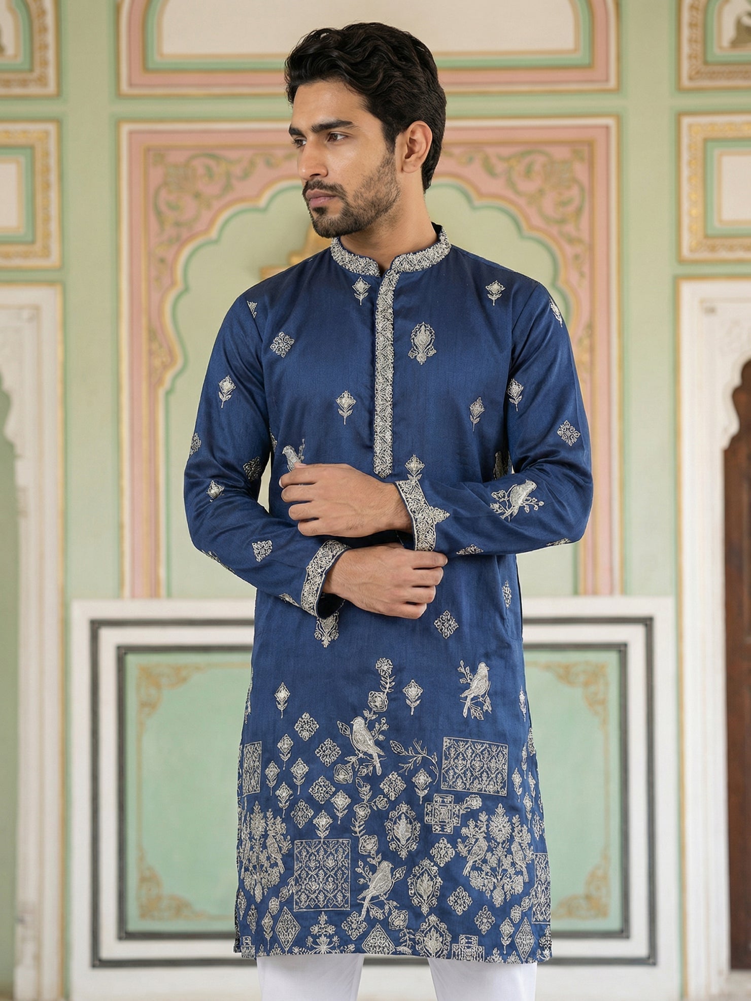 DesiQlo Men Embroidered Kurta Pyjama Set - Blue - JOKP_P_5155Navy_S