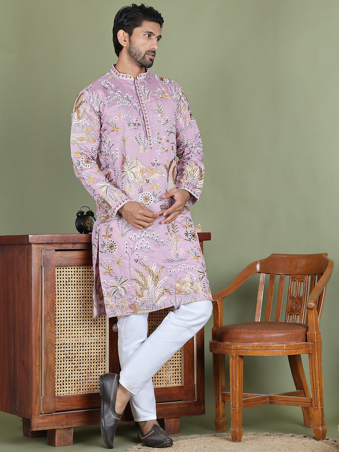 DesiQlo Men Embroidered Kurta Pyjama Set - Purple - JOKP_5156Purple_S
