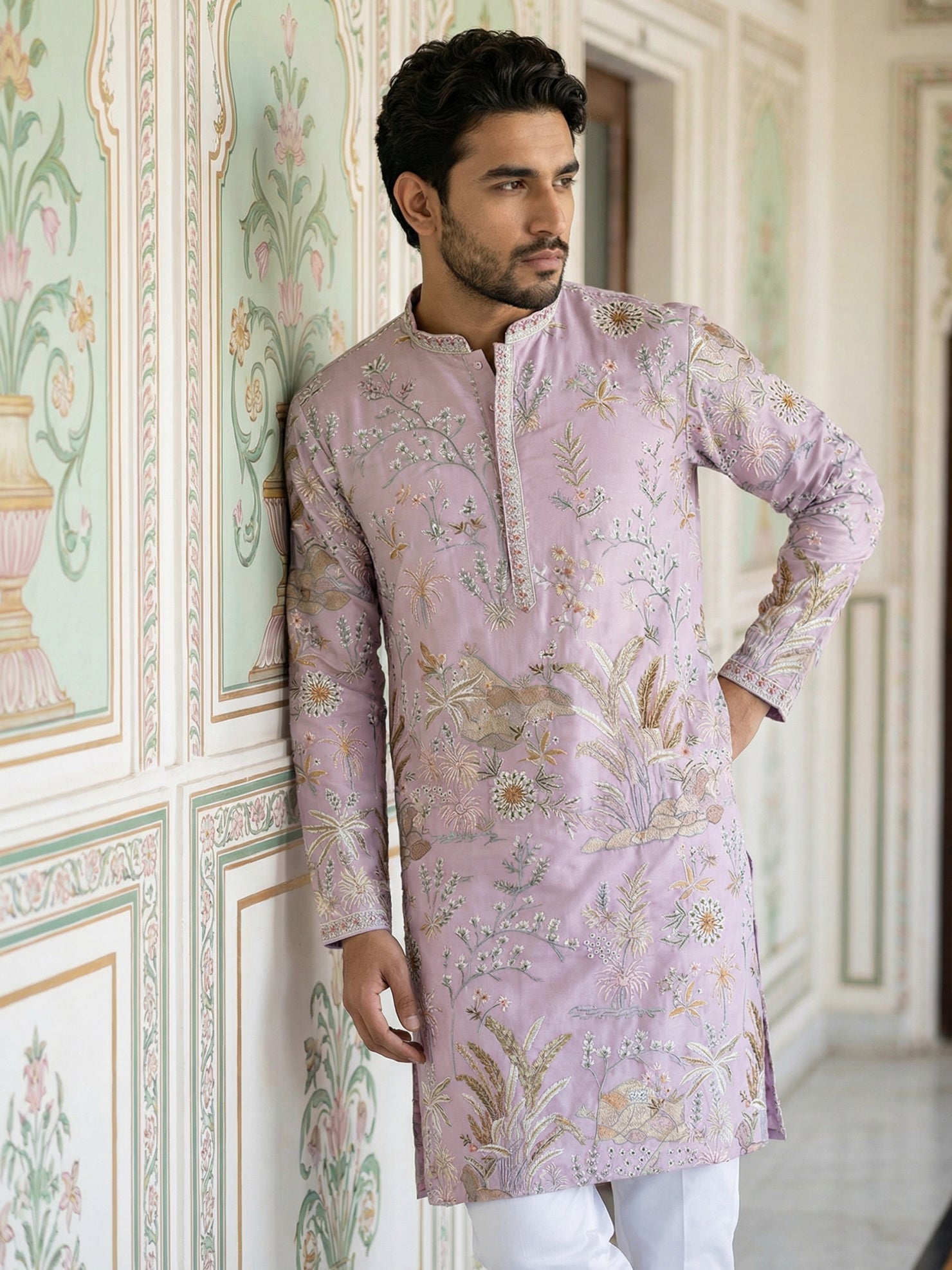 DesiQlo Men Embroidered Kurta Pyjama Set - Purple - JOKP_P_5156Purple_