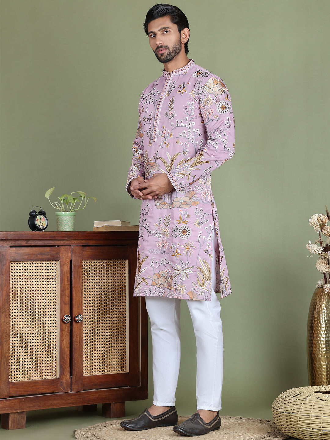 DesiQlo Men Embroidered Kurta Pyjama Set - Purple - JOKP_5156Purple_S