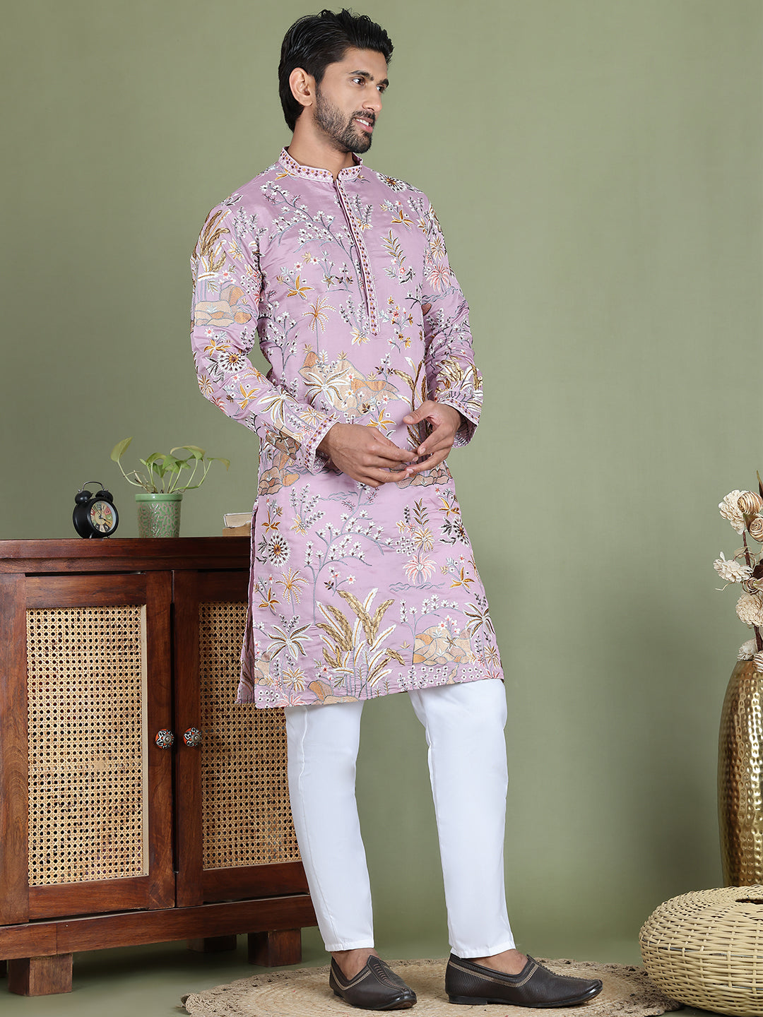 DesiQlo Men Embroidered Kurta Pyjama Set - Purple - JOKP_5156Purple_S
