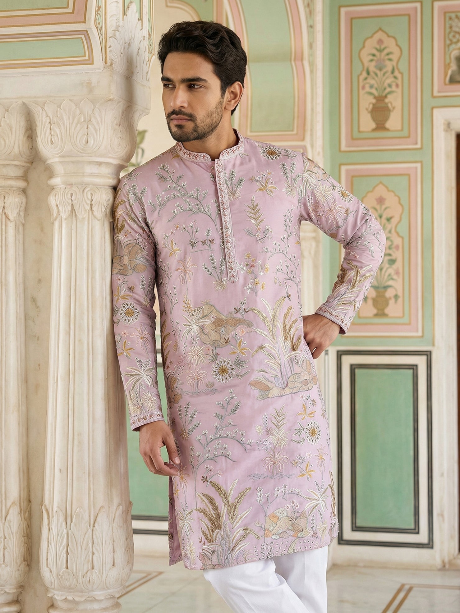DesiQlo Men Embroidered Kurta Pyjama Set - Purple - JOKP_P_5156Purple_
