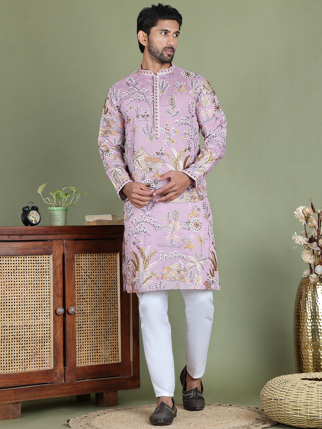 DesiQlo Men Embroidered Kurta Pyjama Set - Purple - JOKP_5156Purple_S